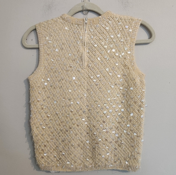 Vintage 60s CYN LES Hand Beaded Cream Wool Sequin Paillette Sweater Vest‎ Small - Picture 4 of 10
